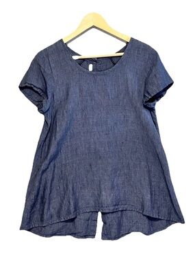 FLAX Linen Top Women Sz Petite S Blue Button Back Short Sleeve Lagenlook A-line